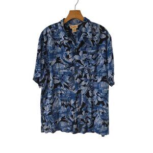 Panama Jack Hawaiian Shirt Rayon Button Up Blue Black Vintage Cars Palms Large